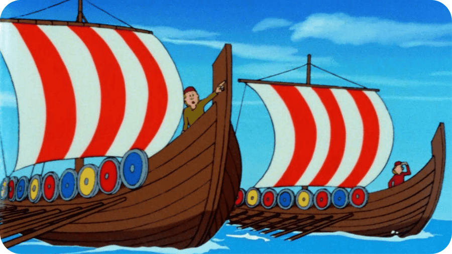 Bateaux vikings prenant la mer, illustration issue de l'épisode L'âge des vikings de Il Etait une fois... l'homme sur Tikino