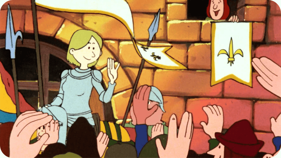 Jeanne d'Arc à cheval salue la foule, illustration issue de l'épisode La guerre de Cent Ans de Il Etait une fois... l'homme disponible sur Tikino