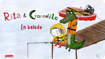 Jaquette du premier volume de la série Rita et Crocodile de Siri Melchior montrant les deux amis en train de pêcher, à retrouver sur Tikino.