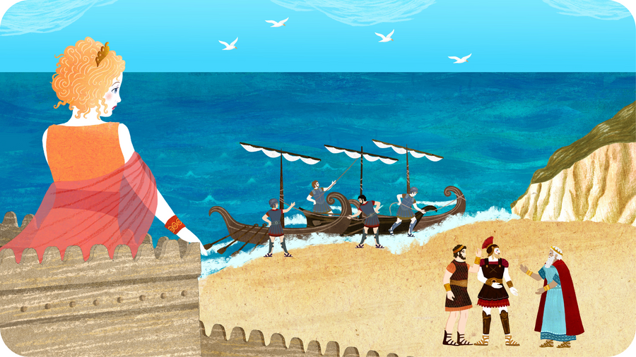 Hélène voit arriver les navires grecs du haut des remparts de Troie. Priam, Ulysse et Ménélas discutent sur la plage. Une illustration de l'épisode 3 de La Guerre de Troie, série mythologique de Tikino