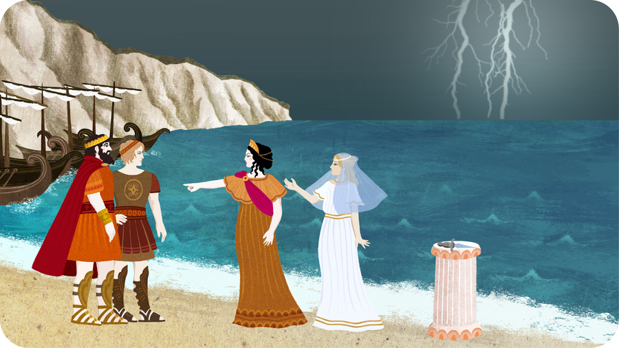 Les grecs ne peuvent prendre la mer pour aller à Troie, Agamémnon et Ulysse sont sur la plage pour le sacrifice d'Iphigénie. Episode 3 de la Guerre de Troie de Tikino