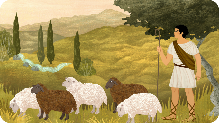 Berger et son troupeau, une illustration d'Anja Klauss pour la Pomme de Discorde, premier épisode de la série mythologique La Guerre de Troie en exclusivité pour Tikino