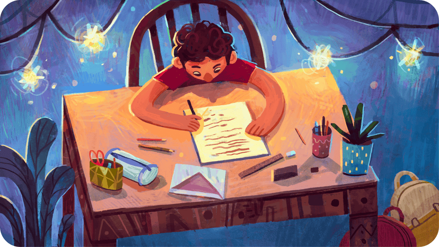 Petit garçon écrivant une lettre assis à son bureau sous la lumière d'une guirlande. Illustration pour le camion-poubelle magique sur Tikino