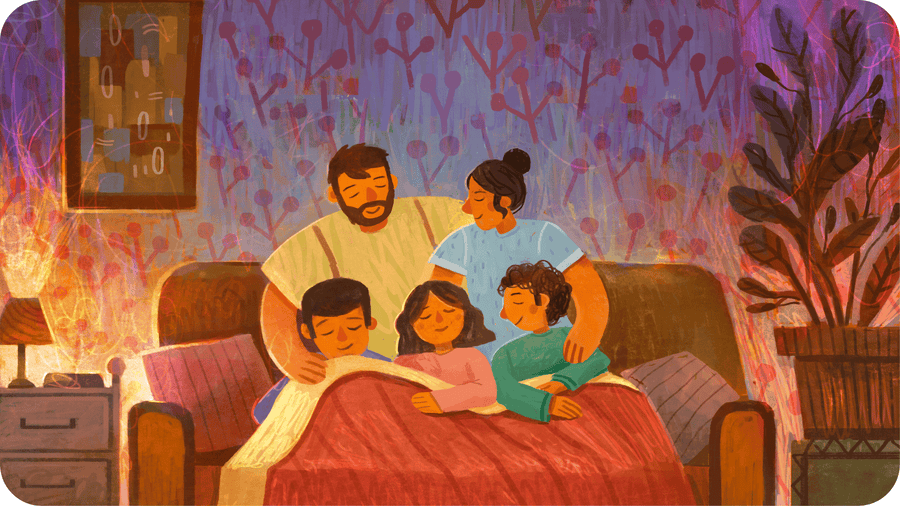 Parents et leurs 3 enfants sur le canapé sous une couverture rouge à la lumière douce d'une lampe. Illustration pour le camion poubelle magique disponible sur Tikino