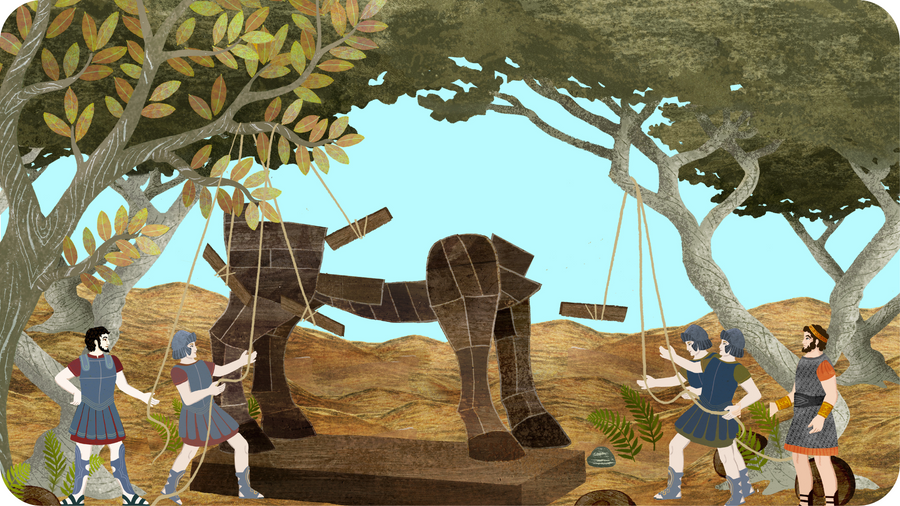 Fabrication du cheval de Troie. Le Cheval de Troie, episode 6 de la serie mythologique disponible sur le projecteur pour enfants Tikino