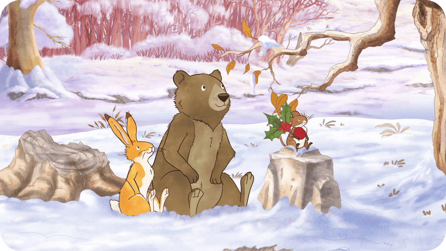 Petit lièvre, ours brun et petite souris dans la neige regardent vers la droite. Le Noël de Petit Lièvre Brun disponible sur Tikino