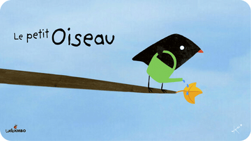 Un oiseau sur sa branche qui arrose une feuille. Illustration pour Petit Oiseau, recueil de trois courts métrages disponibles sur Tikino, la boîte à histoires qui fait voir les choses en grand