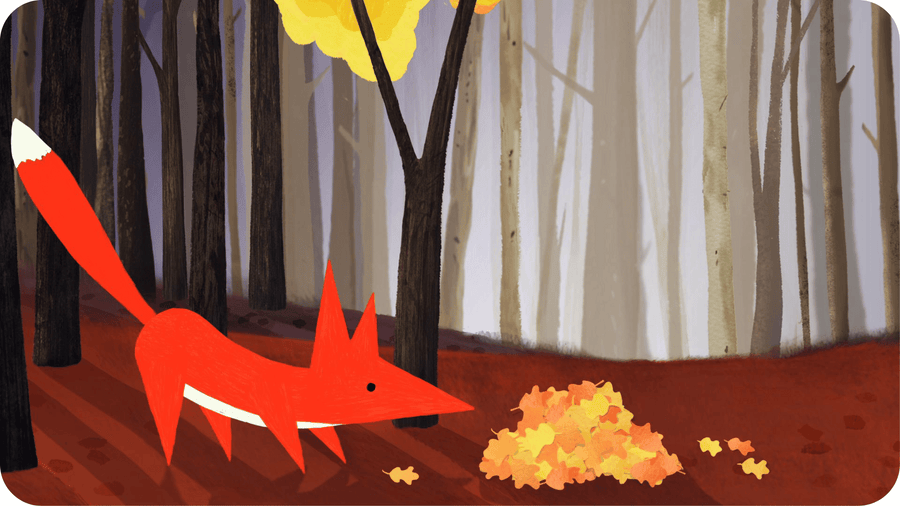 Un renard renifle un tas de feuilles jonchant le sol à la recherche d'une proie. Illustration pour l'Oiseau et l'Ecureuil.