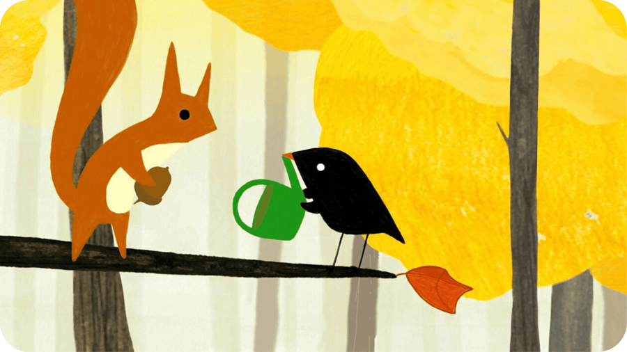 Un oiseau faisant face à un écureuil dans un décor d'automne. Illustration pour le court métrage l'Oiseau et l'Ecureuil  à retrouver sur Tikino.