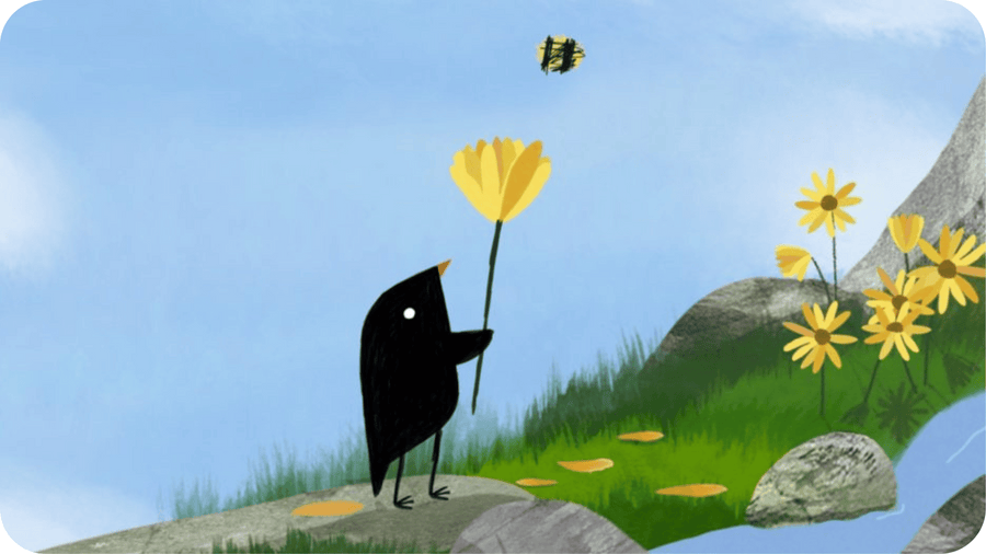Un oiseau tente d'attirer une abeille avec une fleur. Illustration pour le court métrage l'Oiseau et les abeilles à retrouver dans le pack 