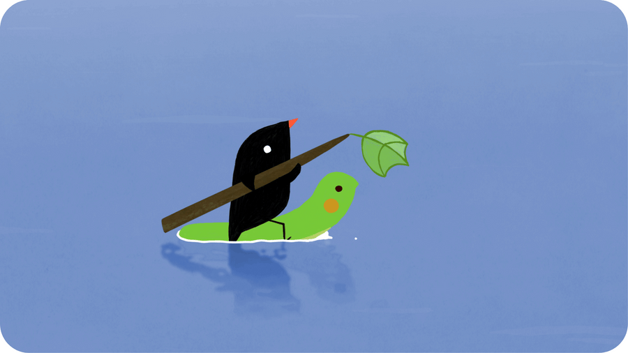 Un oiseau et une chenille naviguant sur une rivière. Illustration pour l'Oiseau et la chenille, court métrage disponible dans le catalogue Tikino.