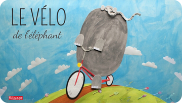 Jaquette du court métrage Le vélo de l'éléphant montrant un éléphant, l'air joyeux, sur son vélo. Le film, produit par Folimage, est à voir sur Tikino.