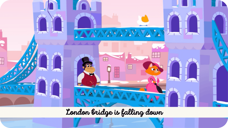 Personnages traversant le tower bridge de Londres. Illustration pour London Bridge is falling down une comptine en anglais disponible sur Tikino