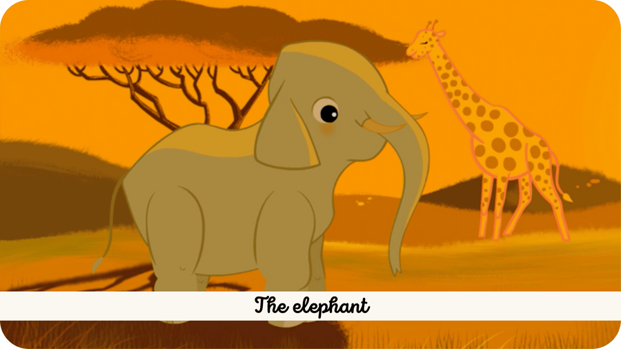 Eléphant dans la savane, girafe au loin. Illustration pour The Elephant une comptine en anglais disponible sur Tikino