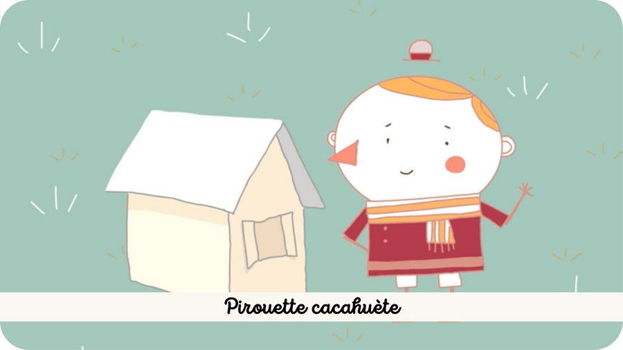 Bonhomme devant une maison en carton. Illustration pour Pirouette cacahuète une comptine à geste disponible sur Tikino