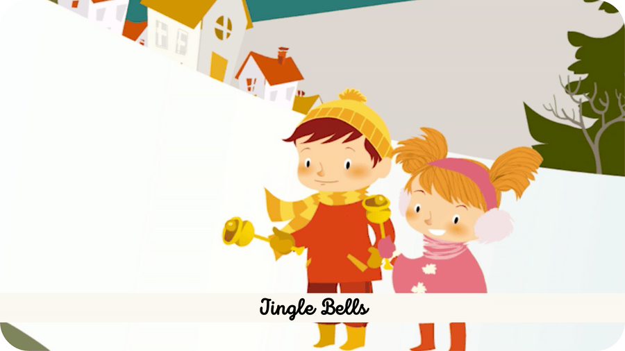 Enfants secouant une cloche dans un paysage d'hiver. Illustration pour Jingle Bells une comptine en anglais disponible sur Tikino