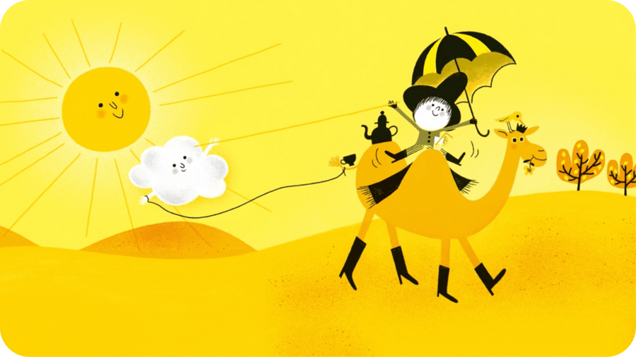 Petit bonhomme gris avec une chapeau et un parapluie sur un chameau dans un paysage désertique tout jaune. Illustration pour Le Collectionneur de Couleur histoire du pack Les Belles Histoires des tout petits dans le catalogue Tikino
