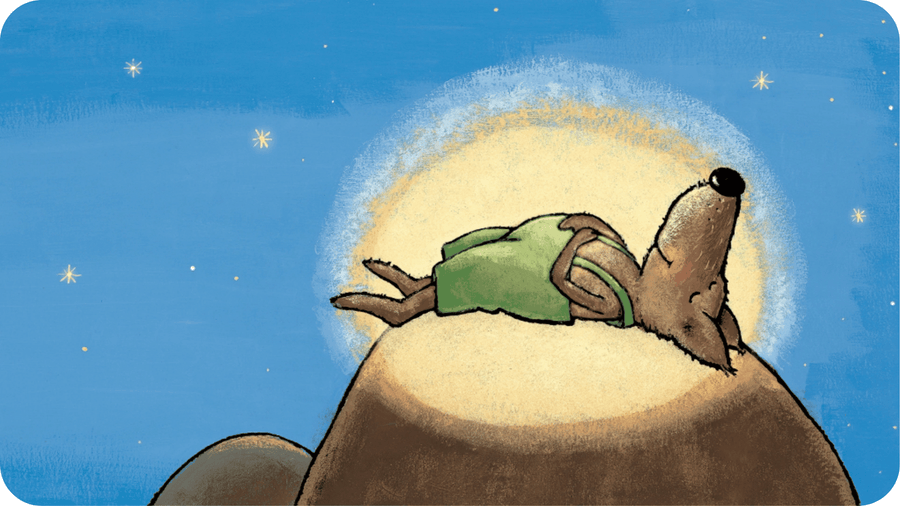 Loup avec une salopette verte se reposant sur un rocher à la lueur de la lune. Illustration pour Loup Goulou et la lune histoire du pack Les Belles Histoires des tout petits dans le catalogue Tikino