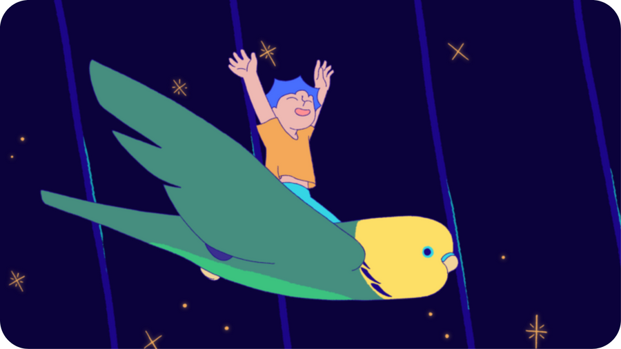Un enfant heureux vole sur le dos d'un oiseau multicolore, illustration du Tout petit voyage, court métrage d'Emily Worms produit par Folimage.