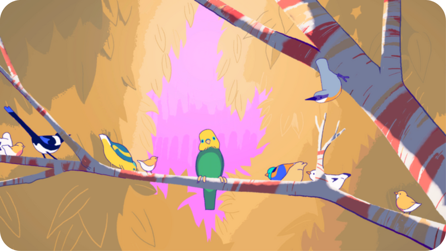 Des oiseaux multicolores se tiennent sur la branche d'un arbre, illustration tirée d'un court métrage disponible sur Tikino.