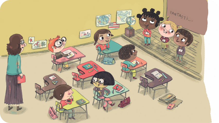 Enfants dans une salle de classe. Illustration pour Hello I am Lily from New York City, disponible sur Tikino