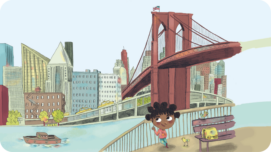 Enfant devant le Brooklyn bridge de New York. Illustration pour Hello I am Lily from New York City, disponible sur Tikino