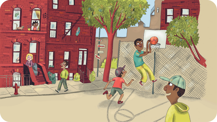 Maisons de briques rouges et joueurs de basketball. Illustration pour Hello I am Lily from New York City, disponible sur Tikino