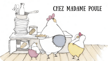 Poule dans sa cuisine préparant a manger pour ses deux poussins. Illustration pour le court métrage Chez Madame Poule disponible sur Tikino