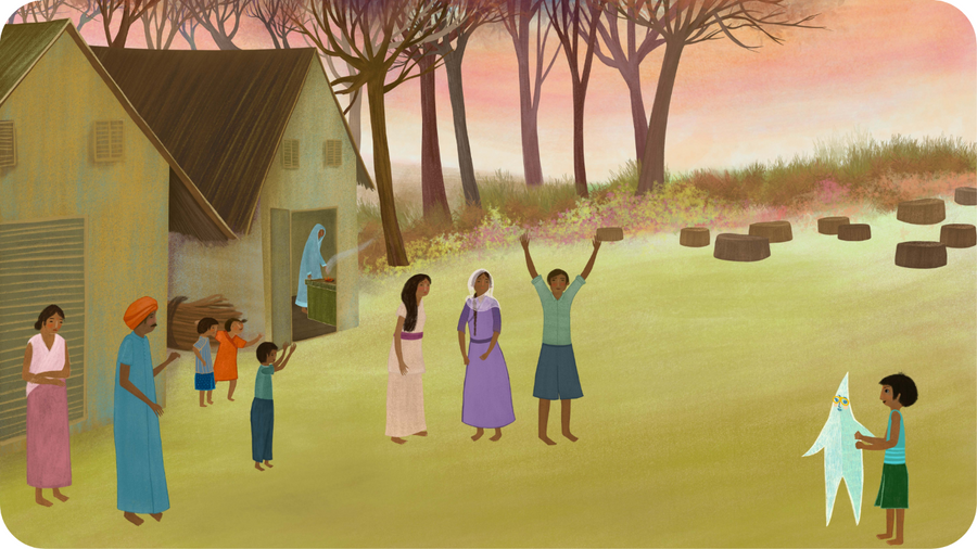 Village indien menacé par la déforestation. Illustration pour Mademoiselle Etoile épisode 2 pour Tikino le projecteur pour enfants