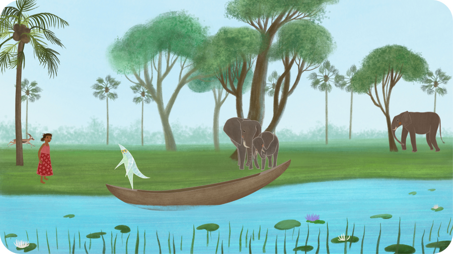 Eléphants au bord de la rivière avec Mademoiselle Etoile et Merci une villageoise. Illustration pour Mademoiselle Etoile et les éléphants du Botswana, épisode pour Tikino