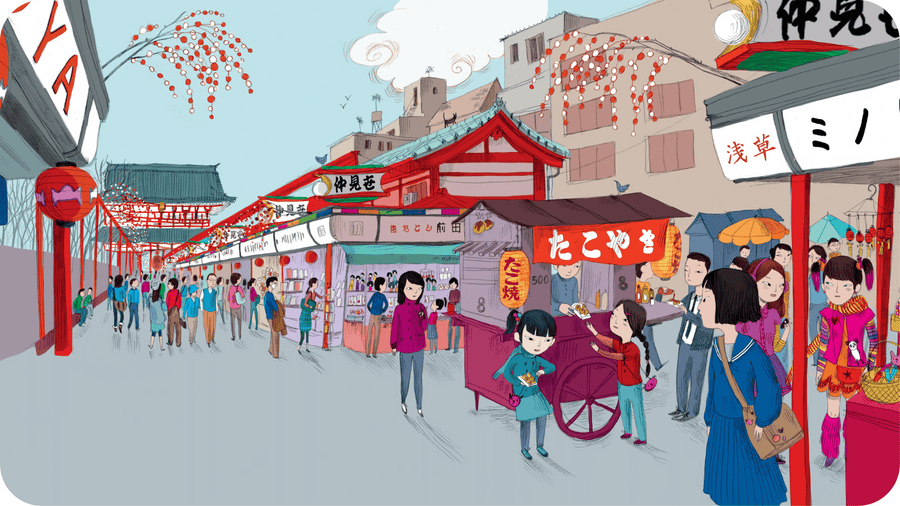 Personnes marchant dans les rues d'Asakusa. Illustration pour Miyako de Tokyo, une histoire de la serie Viens voir ma ville disponible sur Tikino le projecteur pour enfants