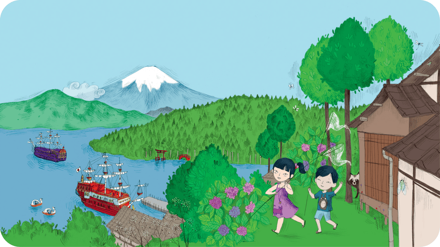 Vue le lac Ashi et le mont Fuji. Illustration pour Miyako de Tokyo, une histoire de la serie Viens voir ma ville disponible sur Tikino le projecteur pour enfants