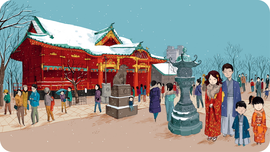 Petite filFamille japonaise en habit traditionnel devant un temple. Illustration pour Miyako de Tokyo, une histoire de la serie Viens voir ma ville disponible sur Tikino le projecteur pour enfants