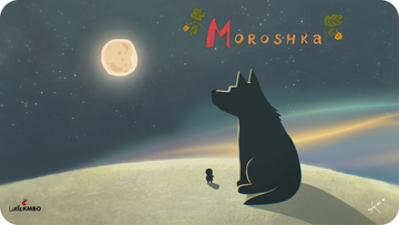 Grand Loup noir regardant la lune au loin avec une petite fille. Illustration pour Moroshka, court métrage proposé sur Tikino, le projecteur pour enfants