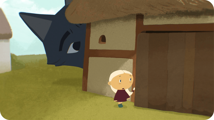 Petit fille blonde épiée par un grand loup noir derrière sa maison. Illustration pour Moroshka, court métrage proposé sur Tikino, le projecteur pour enfants