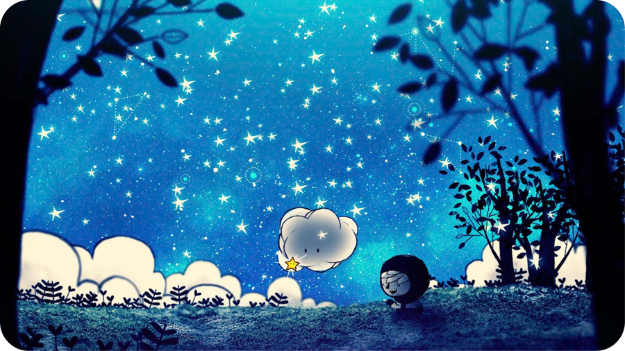 Illustration tirée du film Nimbus montrant un enfant riant dans un décor féérique nocturne.