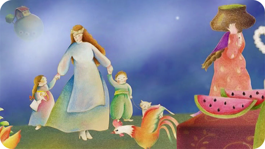 Une mère accompagnée de ses enfants dans une scène de fête. Illustration tirée du court métrage La Noce de Hajar à découvrir sur Tikino.