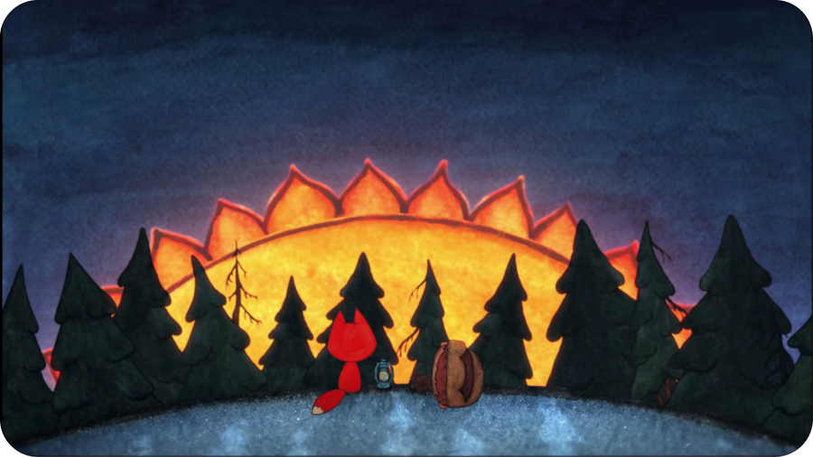 Un enfant assoupi et un renard assistent au level du soleil dans un décor hivernal de forêt. Illustration tirée du film Petite flamme à visionner sur Tikino.