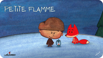 Jaquette du court métrage Petite flamme, disponible sur le catalogue Tikino, montrant un enfant, un renard et une lanterne dans un décor enneigé.