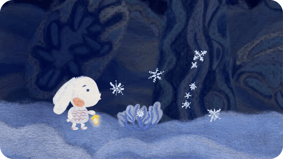 Petit lapin et flocons, illustration pour Lapin des neiges sur Tikino