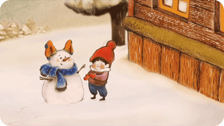 Petit garçon faisant un bonhomme de neige devant sa maison, illustration pour Lapin des neiges sur Tikino le projecteur pour enfants