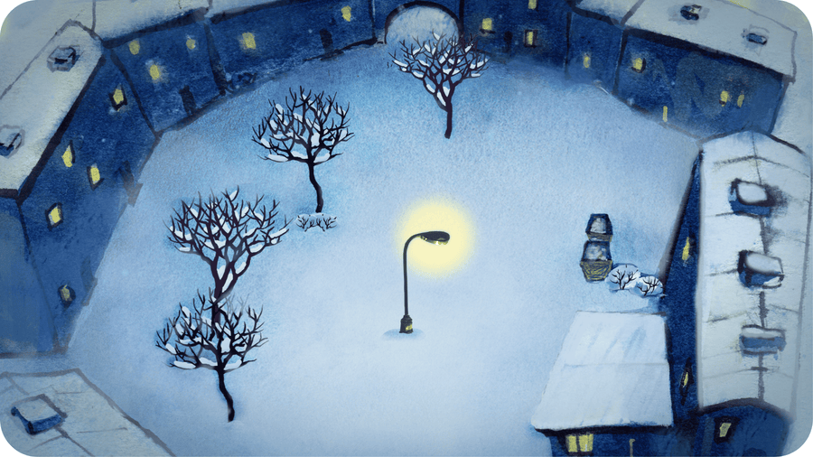 Lampadaire éclairé au milieu d'une place enneigée. Illustration pour petits contes enneigés disponible sur Tikino