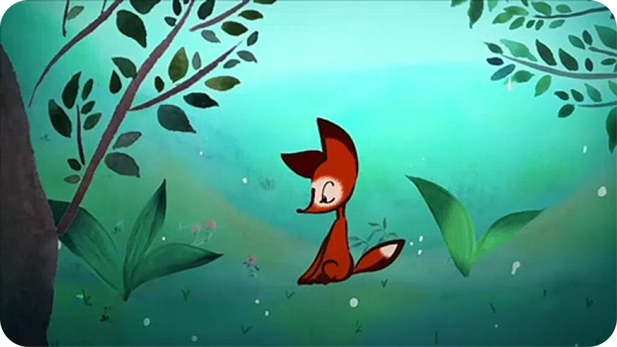 Illustration d'un renardeau dans une forêt, extrait du court métrage La Pluie tiré du programme Premiers pas dans la forêt.