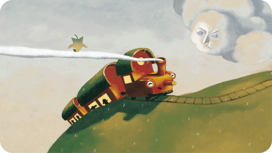Train à vapeur contrant le vent. Illustration pour Full steam ahead little train une histoire en anglais disponible du Tikino, conteuse pour enfants