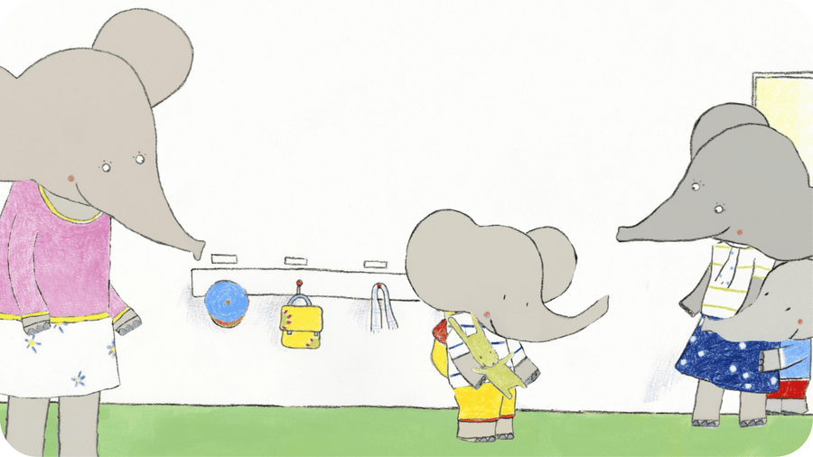 Petit éléphant arrivant à l'école avec sa maman accueilli par la maitresse. Illustration pour Jeremy goes to school une histoire en anglais disponible du Tikino, conteuse pour enfants