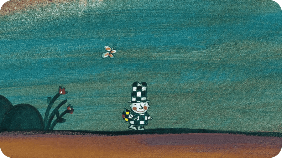 Petit bonhomme en noir et blanc à carreaux se baladant dans un paysage bleu canard. Illustration pour The little sound hunter une histoire en anglais disponible du Tikino, conteuse pour enfants