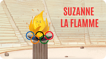Une flamme brûle dans une vasque derrière 5 anneaux olympiques dans une arène. Affiche pour Suzanne la flamme, court métrage disponible sur Tikino