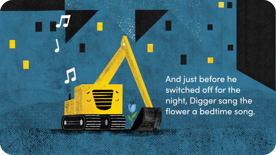 Pelleteuse jaune endormie et fleur, notes de musique illustration pour The Digger and the Flower sur Tikino