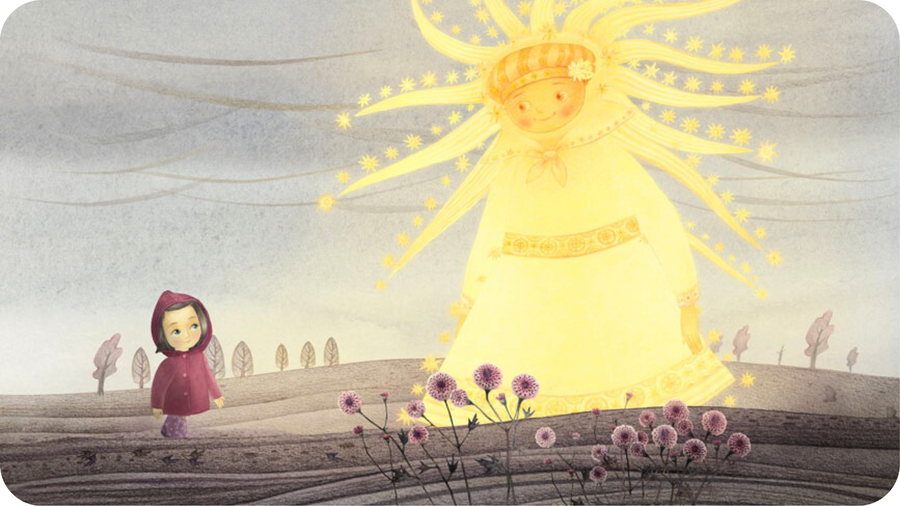 Illustration d'une petite fille vêtue d'un manteau marchant dans la nature et rencontrant le soleil personnifié sous les traits d'une reine lumineuse.