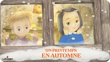 Jaquette du court métrage Un printemps en automne disponible sur le catalogue Tikino. L'illustration représente une soeur et son frère regardant par la fenêtre la neige tomber.
